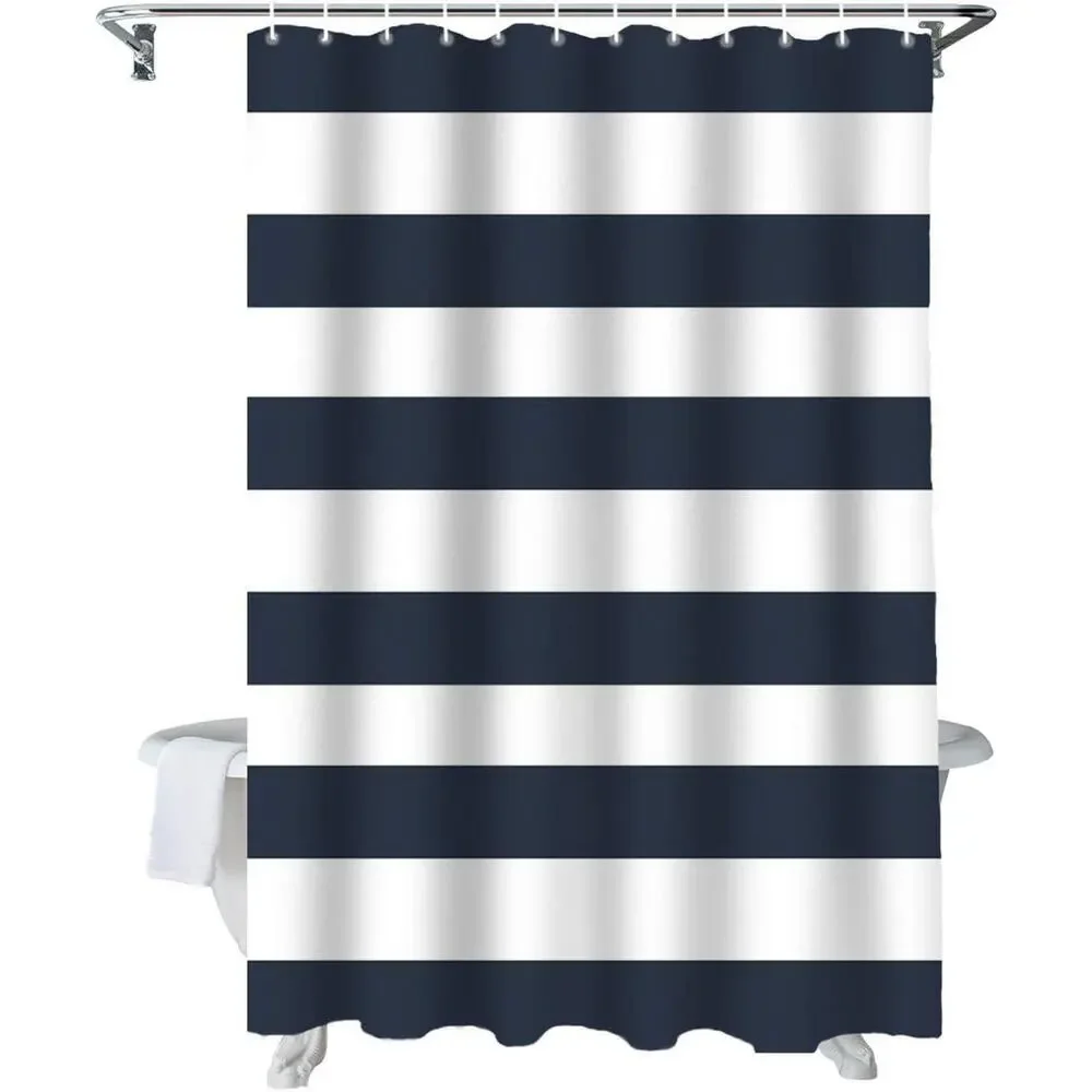 Nautical Stripe Design Navy & White Fabric Shower Curtain 70